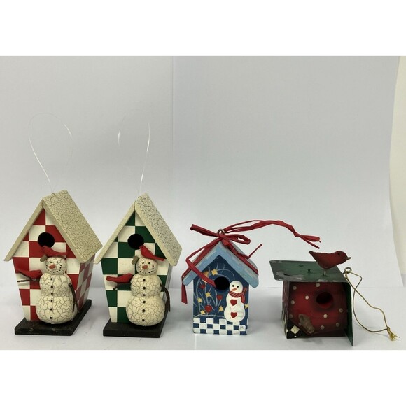 Birdhouse Small Four Different Wooden Or Metal Christmas Ornaments - Picture 1 of 10